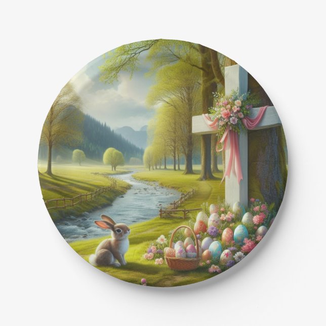 Easter cross with bunny & eggs paper plate (Front)