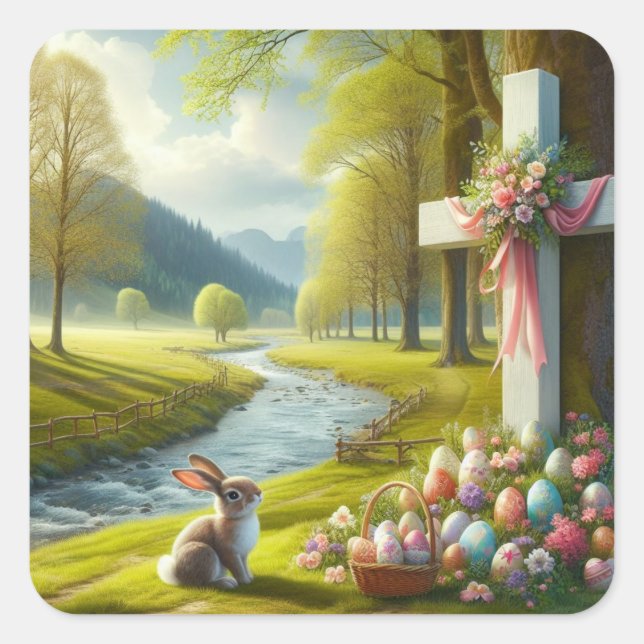 Easter cross with bunny & eggs square sticker (Front)