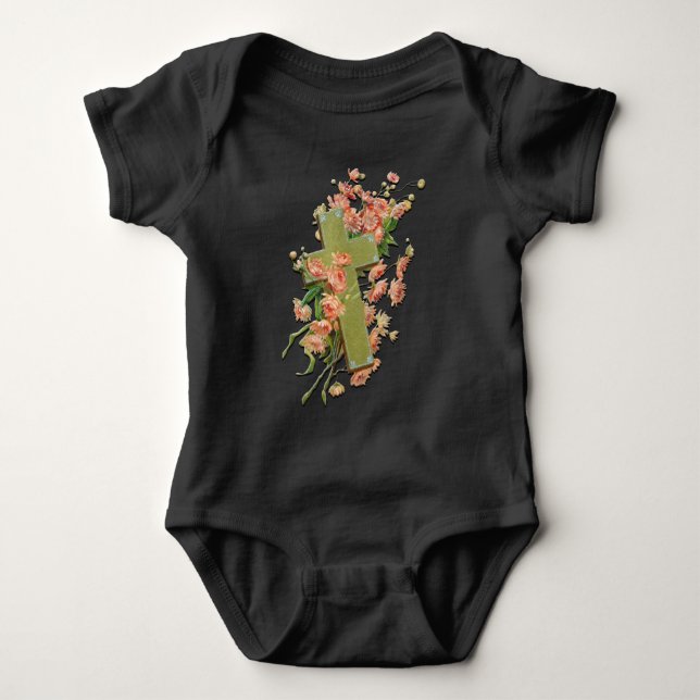 Easter Cross with Flowers Unisex Black Bodysuit (Front)