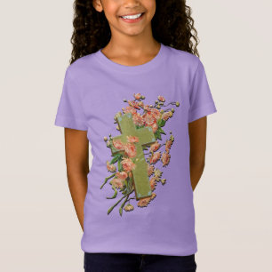 Easter Cross with Pink Flowers Lilac Girls Shirt
