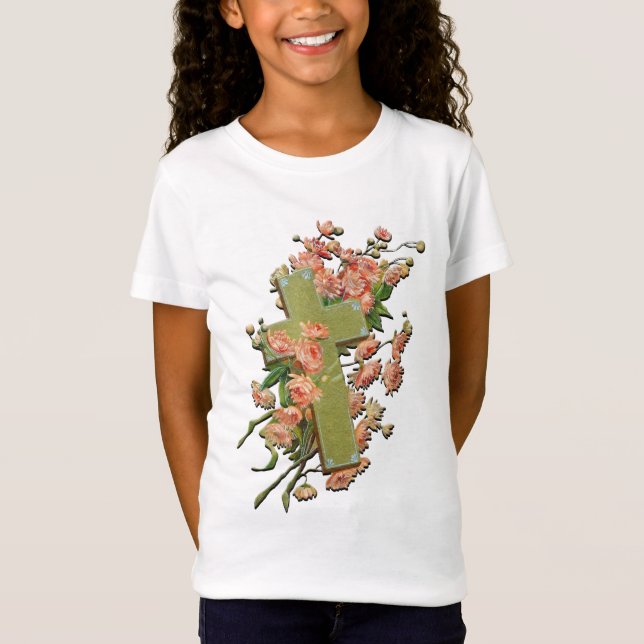 Easter Cross with Pink Flowers White Girls Shirt (Front)