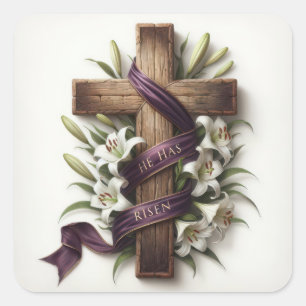 Easter Cross With Purple Ribbon Square Sticker