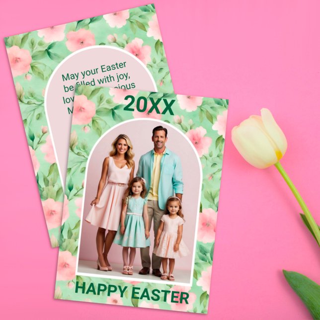 Easter Custom Photo Pastel Pink & Green Florals Holiday Card (Creator Uploaded)