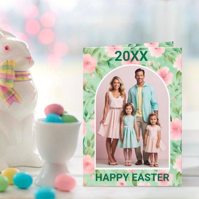 Easter Custom Photo Pastel Pink & Green Florals Holiday Card (Creator Uploaded)