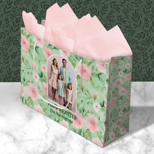 Easter Custom Photo Pastel Pink & Green Florals Large Gift Bag