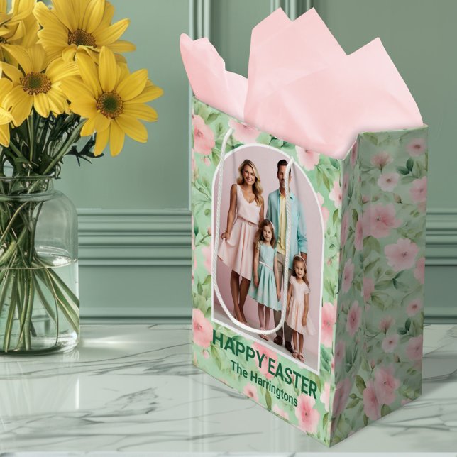 Easter Custom Photo Pastel Pink & Green Florals Medium Gift Bag (Creator Uploaded)