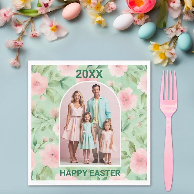 Easter Custom Photo Pastel Pink & Green Florals Napkin (Creator Uploaded)