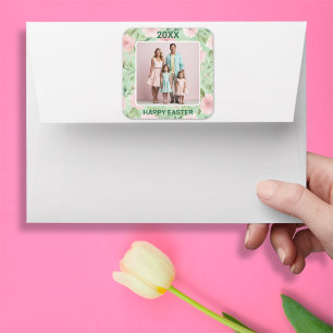 Easter Custom Photo Pastel Pink & Green Florals Square Sticker