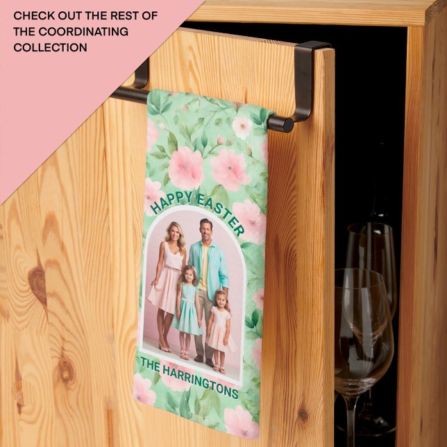 Easter Custom Photo Pastel Pink & Green Florals Tea Towel (Creator Uploaded)