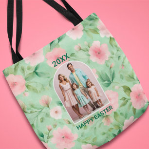 Easter Custom Photo Pastel Pink & Green Florals Tote Bag