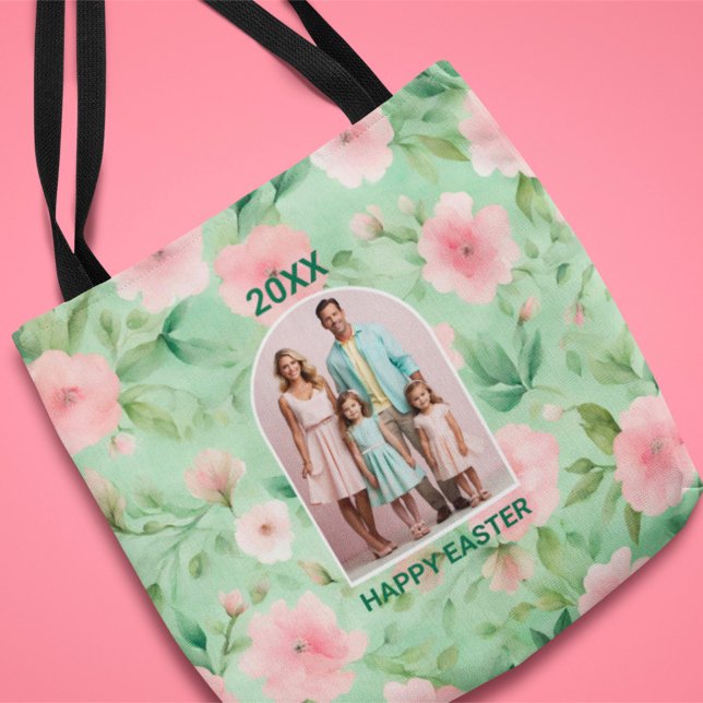 Easter Custom Photo Pastel Pink & Green Florals Tote Bag (Creator Uploaded)