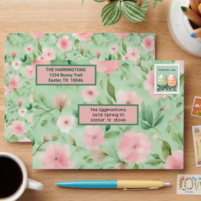 Easter Custom Text Pastel Pink & Green Florals Envelope (Creator Uploaded)