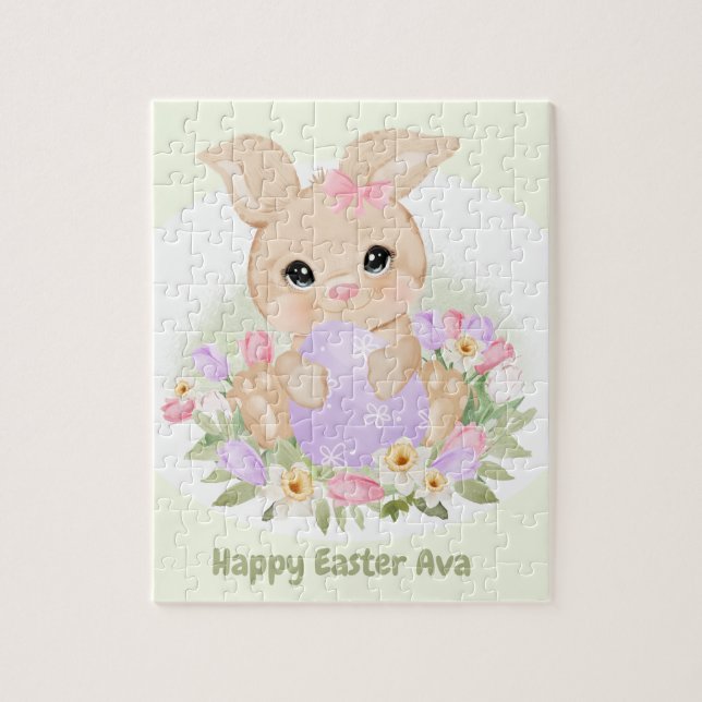 Easter Cute Bunny Pink Purple Egg Custom Name Jigsaw Puzzle (Vertical)