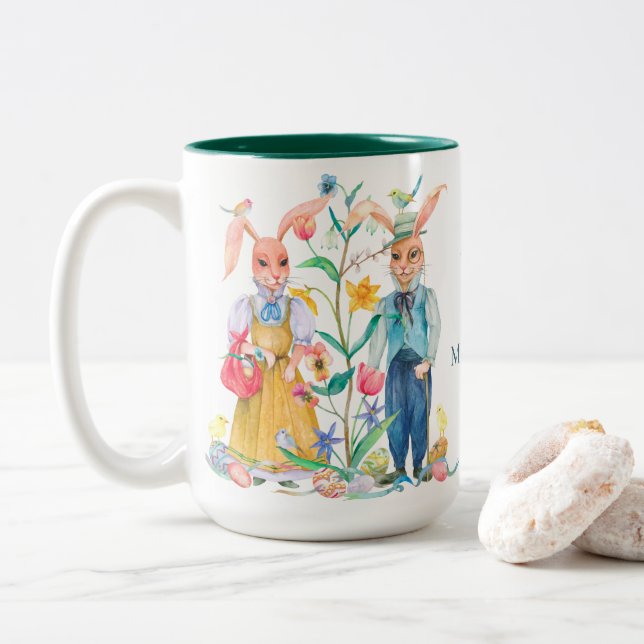 Easter Cute Bunny Rabbits Spring Flowers Monogram Two-Tone Coffee Mug (With Donut)