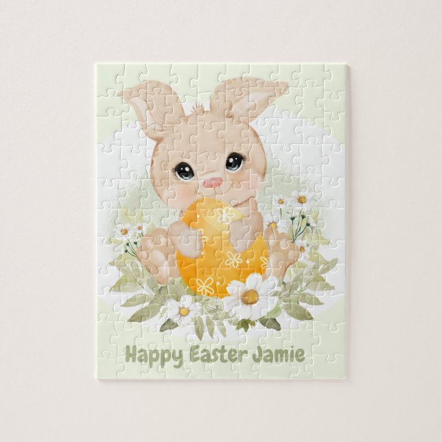 Easter Cute Bunny Yellow Egg Personalised Name Jigsaw Puzzle (Vertical)