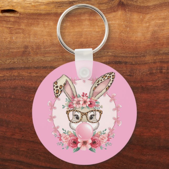 Easter Cute Floral Bunny Leopard Gift  Key Ring (Front)