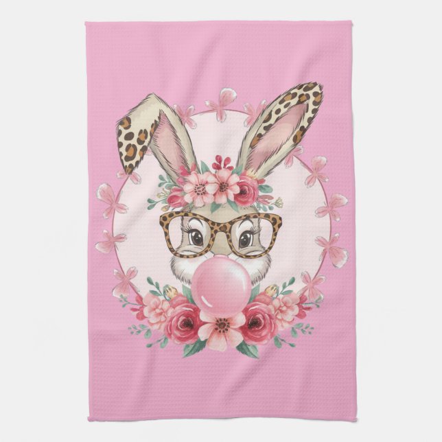 Easter Cute Floral Bunny Leopard Gift  Tea Towel (Vertical)