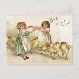 Easter- Cute Girls with Chicks-Vintage Postcard