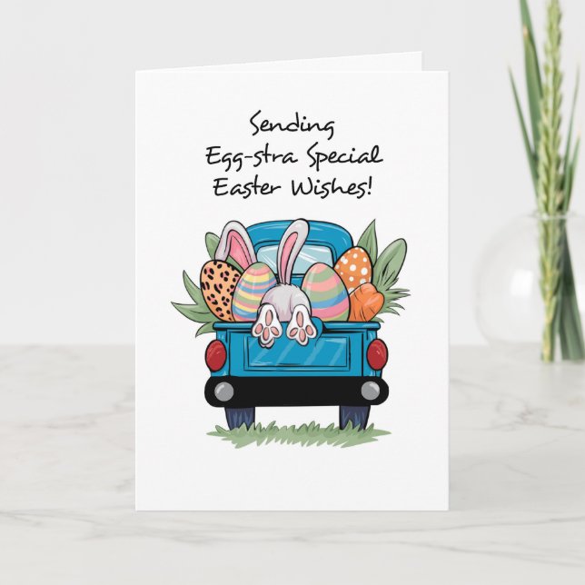 Easter Cute Pick Up Truck with Bunny Tail and Eggs Card (Front)
