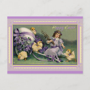 Easter Cute Vintage Chicks Girl Purple Floral Postcard
