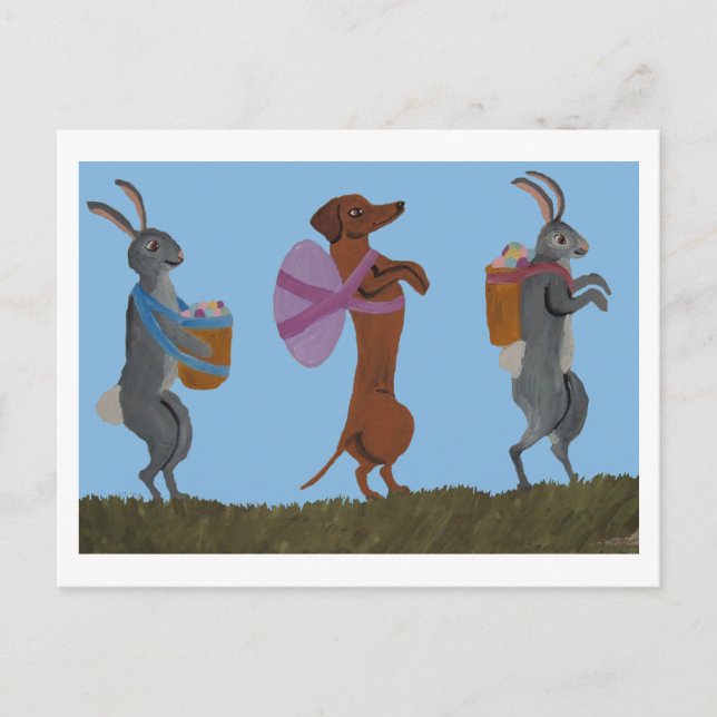  Easter Dachshund and bunnies marching Postcard (Front)