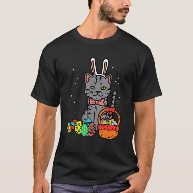 Easter Day Black Cat Bunny Ears Easter Eggs Basket T-Shirt (Front)