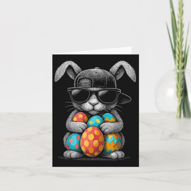 Easter Day Bunny Face With Sungles Eggs Cool Rabbi Card (Front)