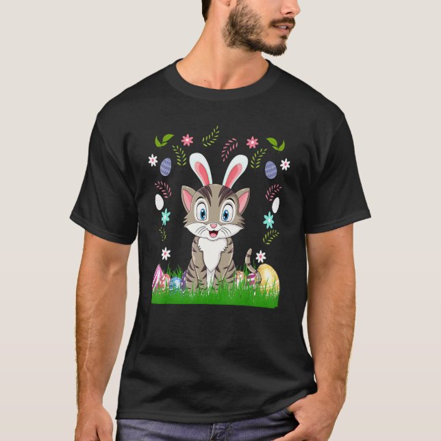 Easter Day Cat Graphic Cute Egg Basket Cat T-Shirt (Front)