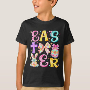 Easter Day Cross Bunny Egg Coquette Bow Girls Wome T-Shirt
