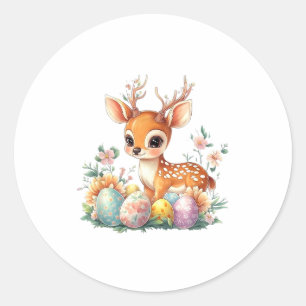 Easter Day, Cute Kawaii Baby Deer With Flowers &am Classic Round Sticker