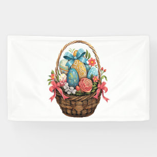Easter Day Easter Basket Colourful Eggs Flowers Banner