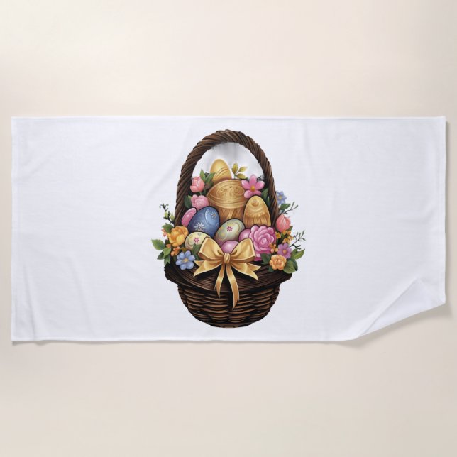 Easter Day Easter Basket Colourful Eggs Flowers  Beach Towel (Front)
