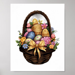 Easter Day Easter Basket Colourful Eggs Flowers Poster