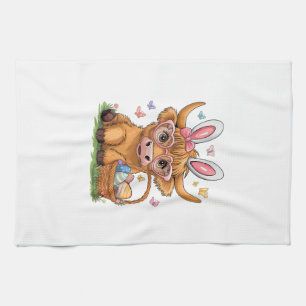 Easter Day Highland Cow Cute Easter Bunny Farmer W Tea Towel