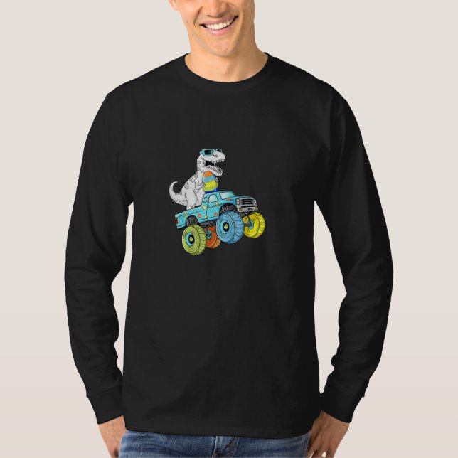 Easter Day T Rex Dino Riding A Monster At Trucks B T-Shirt (Front)