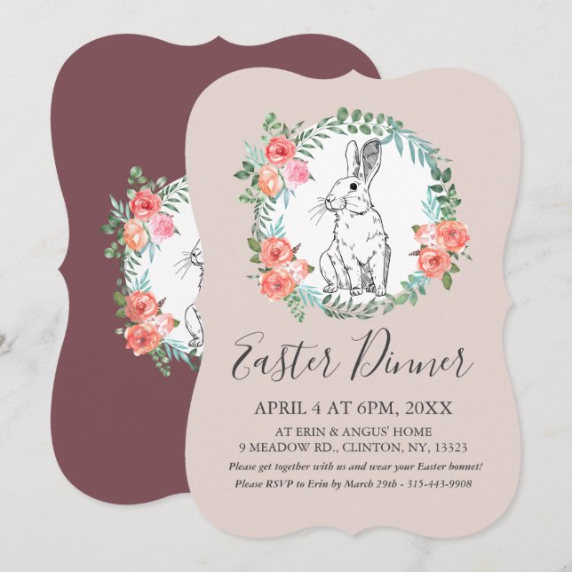 Easter Dinner Bunny Chic Boho Floral Mauve Invite (Front/Back)