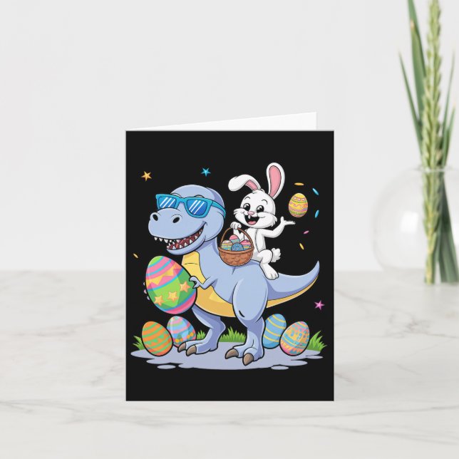 Easter Dinosaur T-rex And Bunny Holding Colourful  Card (Front)