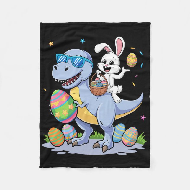 Easter Dinosaur T-rex And Bunny Holding Colourful  Fleece Blanket (Front)