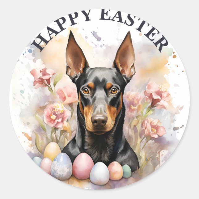 Easter Doberman Chocolate  Eggs and Flowers -   Classic Round Sticker (Front)