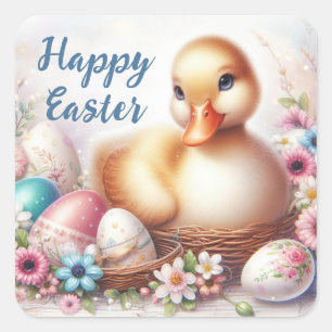 Easter Duck, Eggs and Flowers Square Sticker