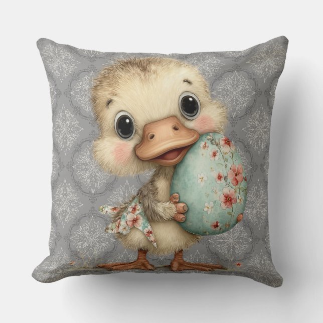 Easter Duckling Grey Damask Pattern Throw Pillow (Front)