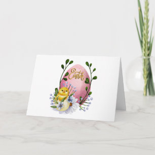 Easter Egg, Baby Chick and Spring Flowers Card