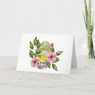 Easter Egg, Baby Chick, Pink Spring Flowers Card