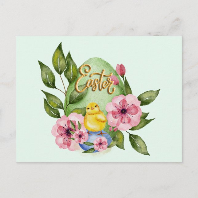 Easter Egg, Baby Chick, Pink Spring Flowers Postcard (Front)