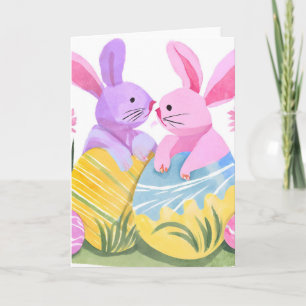 Easter Egg Bunnies Pastel Watercolor Card