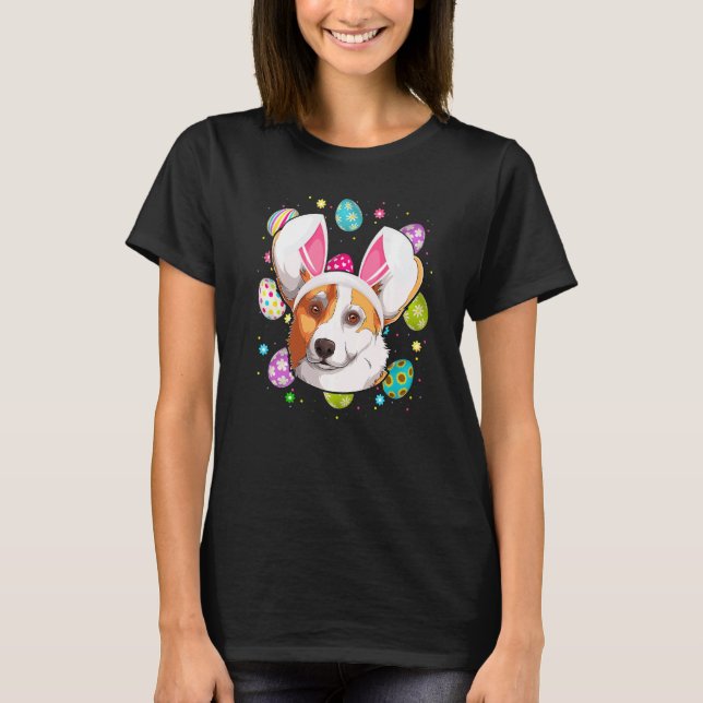 Easter Egg Bunny Ear Corgi Dog Face Easter Sunday T-Shirt (Front)