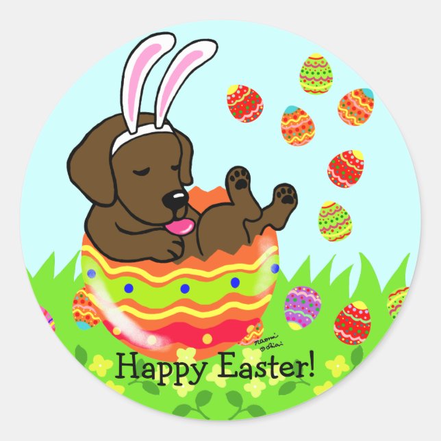 Easter Egg Chocolate Labrador Puppy Cartoon Classic Round Sticker (Front)