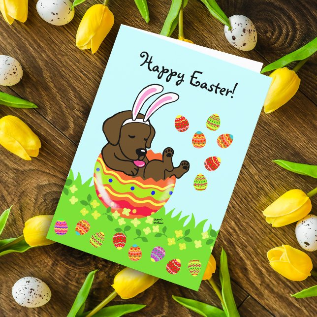 Easter Egg Chocolate Labrador Puppy Cartoon Holiday Card (Easter Egg Chocolate Labrador Puppy card featuring cute Labrador Cartoon in the colorful Easter egg.)