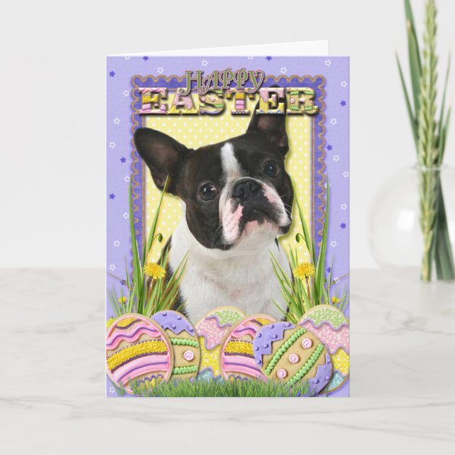 Easter Egg Cookies - Boston Terrier Holiday Card (Front)