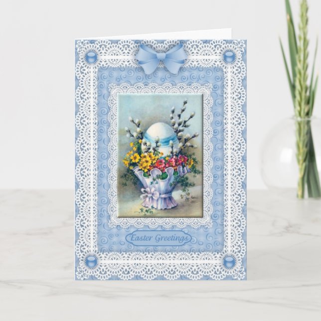 Easter Egg, Flower Basket 'n Lace Greetings Card (Front)
